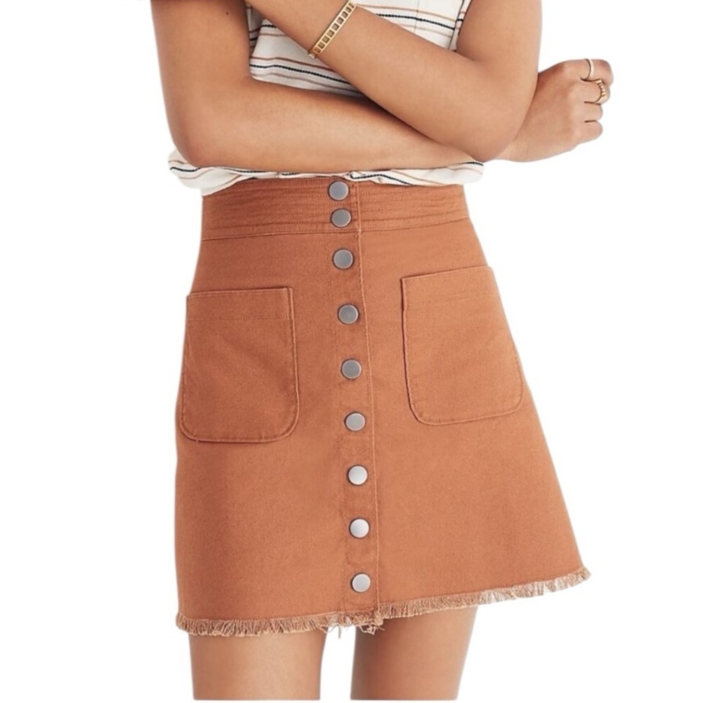 Madewell High Waist Snap Button Skirt Brown Denim Raw Hem Pockets Mini A-line 0